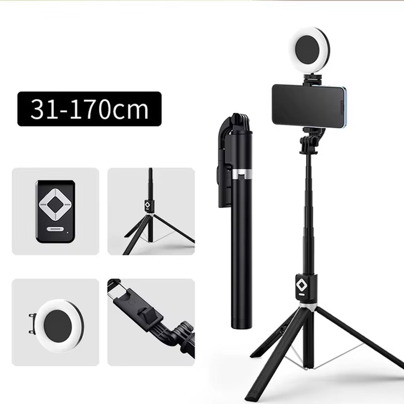 1.7M Extendable Live Tripod Selfie Stick Support LED Ring Dual Light Mirror Stand 4 in 1 Phone Mount for Iphone 15 14 11 Android