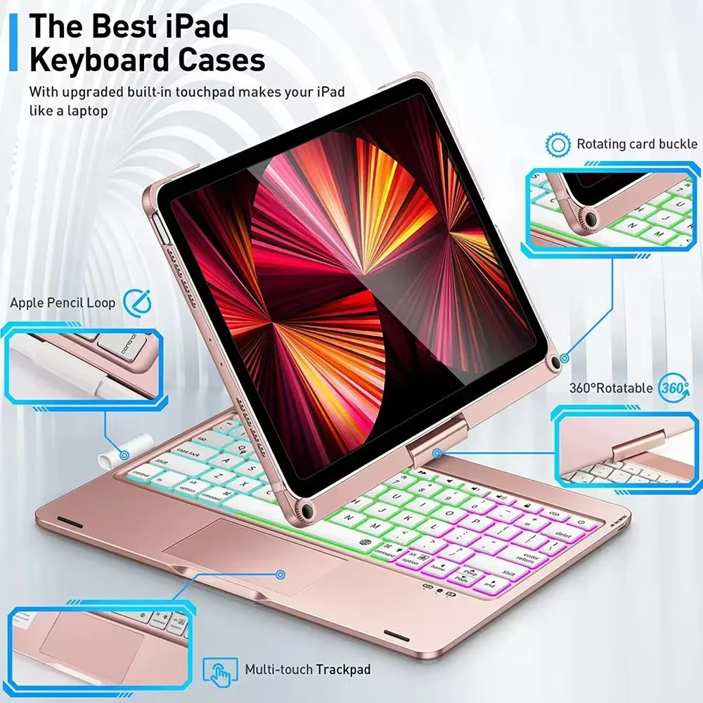 360 Degree Magic Keyboard Case for Ipad Air13 11 2024 M2 Pro12.9 11 Ipad 10.5 10.2 7/8/9 10Th Air4 5 10.9 Backlit Keyboard Funda