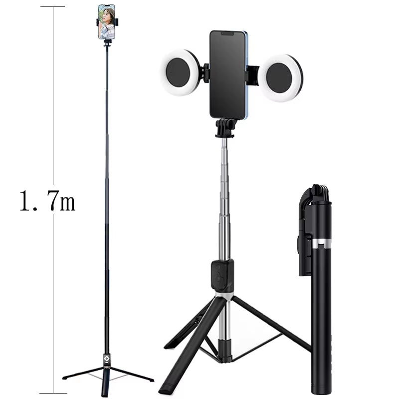 1.7M Extendable Live Tripod Selfie Stick Support LED Ring Dual Light Mirror Stand 4 in 1 Phone Mount for Iphone 15 14 11 Android