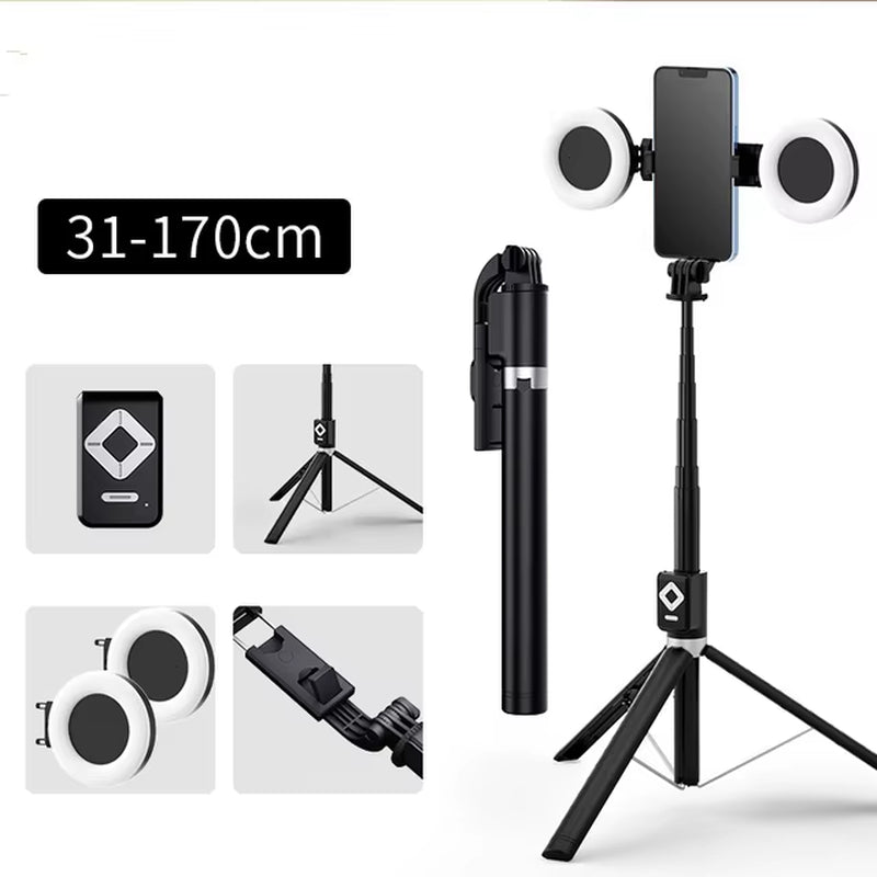 1.7M Extendable Live Tripod Selfie Stick Support LED Ring Dual Light Mirror Stand 4 in 1 Phone Mount for Iphone 15 14 11 Android